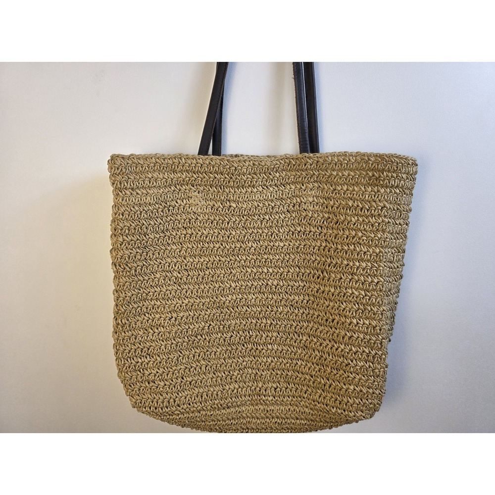 Eddie Bauer Crochet Shoulder Bag Woven Tote Leather Natural Beige Coastal